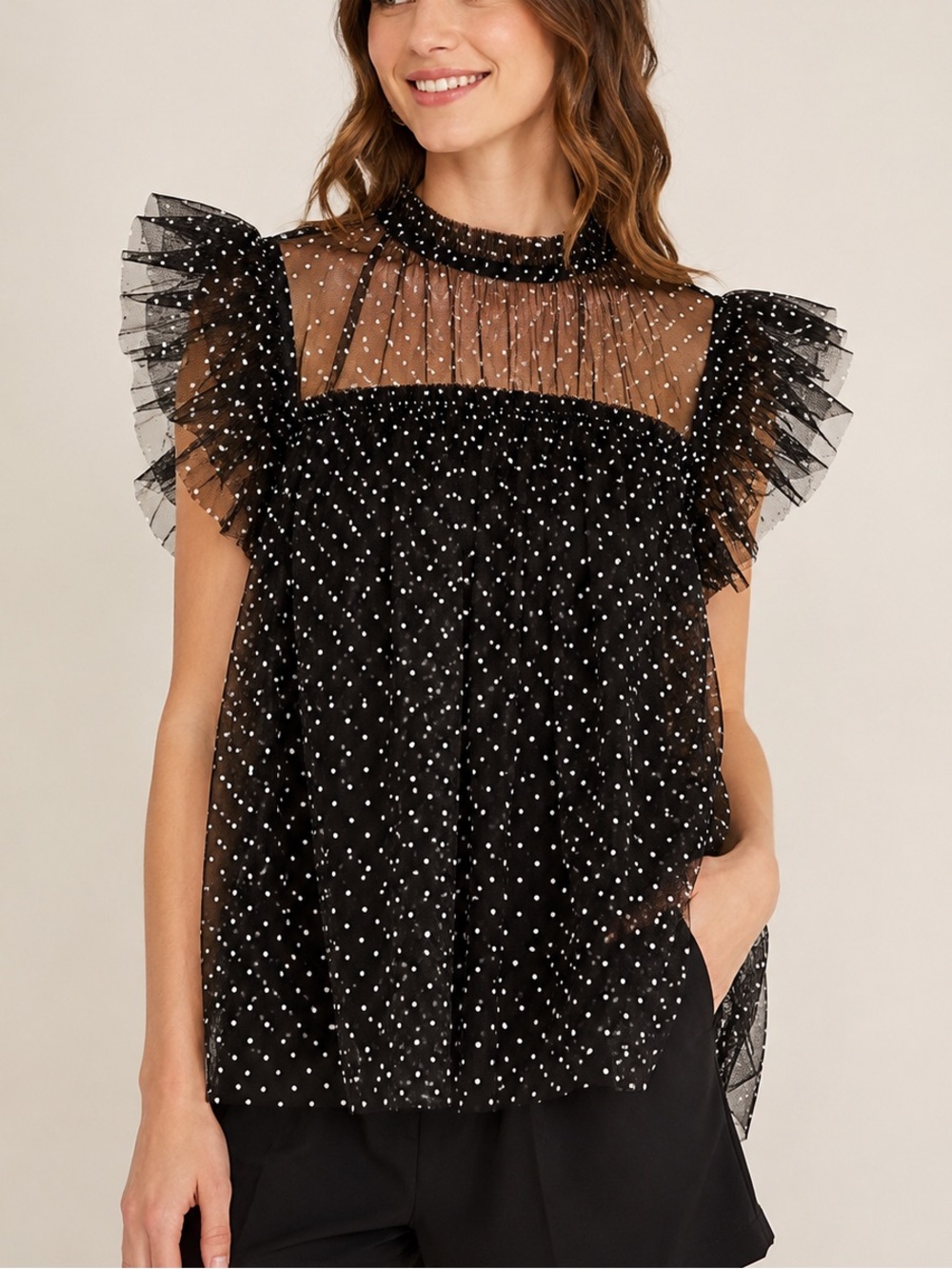 entro Black White Swiss Dot Wanderlust Tulle Babydoll Top Size Large